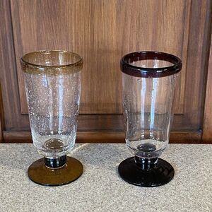 Set Of 2/Vintage Hand Blown Bubble Glass Heavy Drinking Goblet Amber & Purple